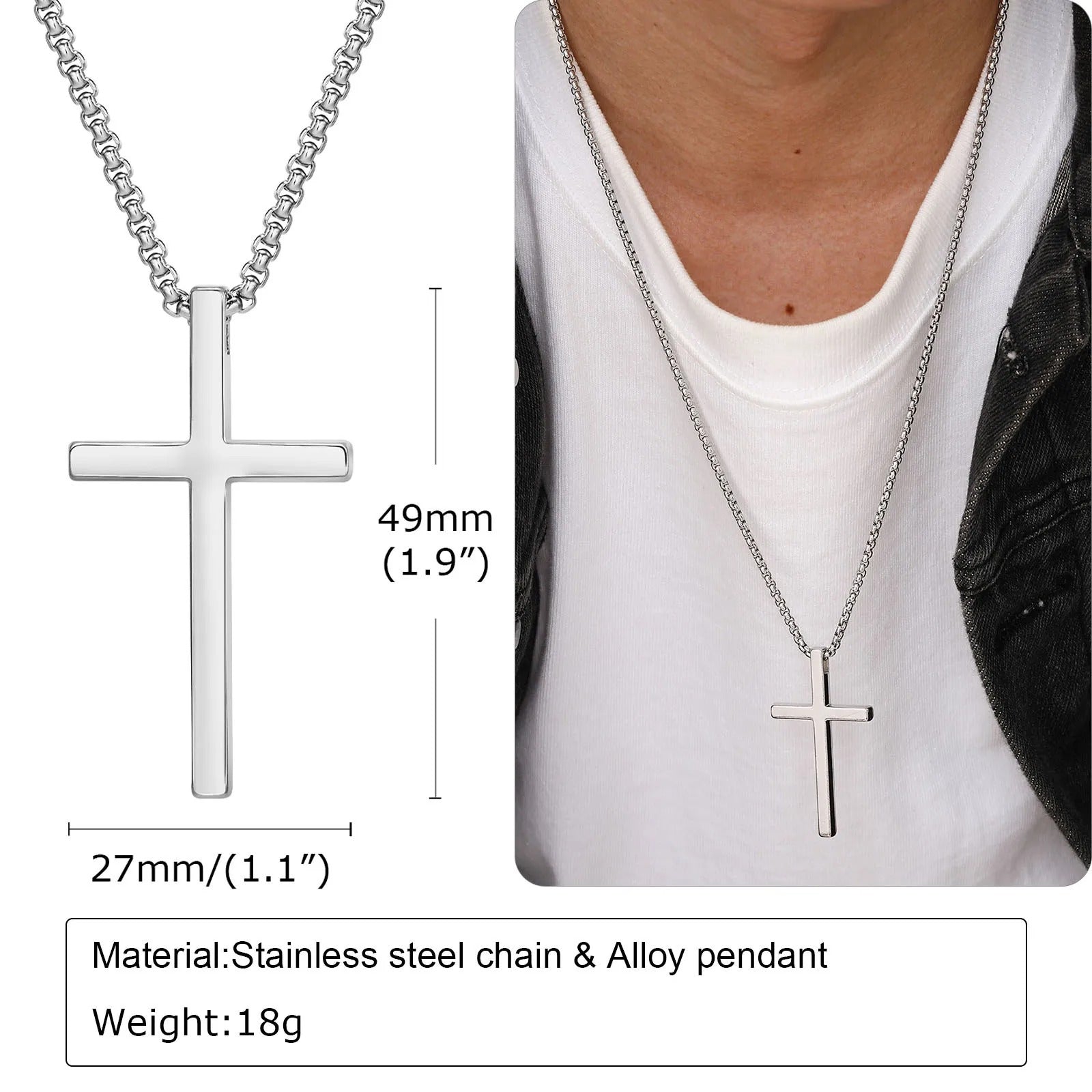 Stainless Steel Cross Necklace, Silver Color Plain Cross Pendant Collar
