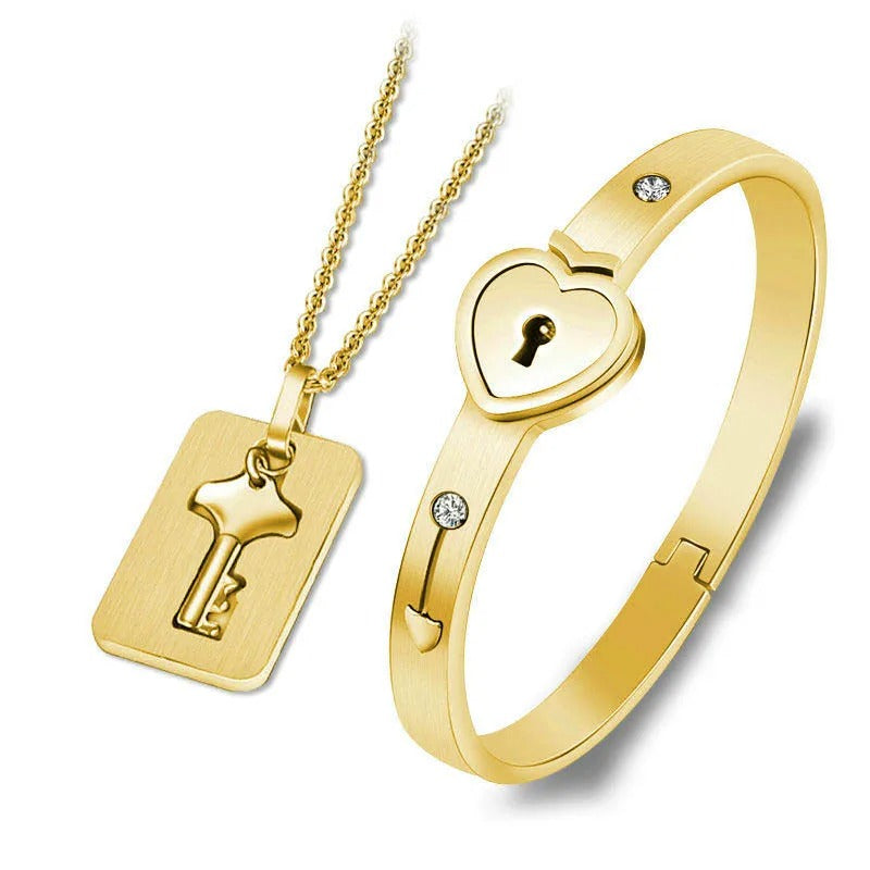 Heart Bracelet Choker Set Jewelry Stainless Steel Key Pendant Necklace Women Men Lover Couples - Revelloventures