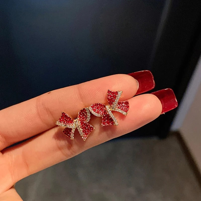Petite Cherry Delicate Stud Earrings For Women Lovely Cute Zircon Rhinestone Bow Bowknot Earring