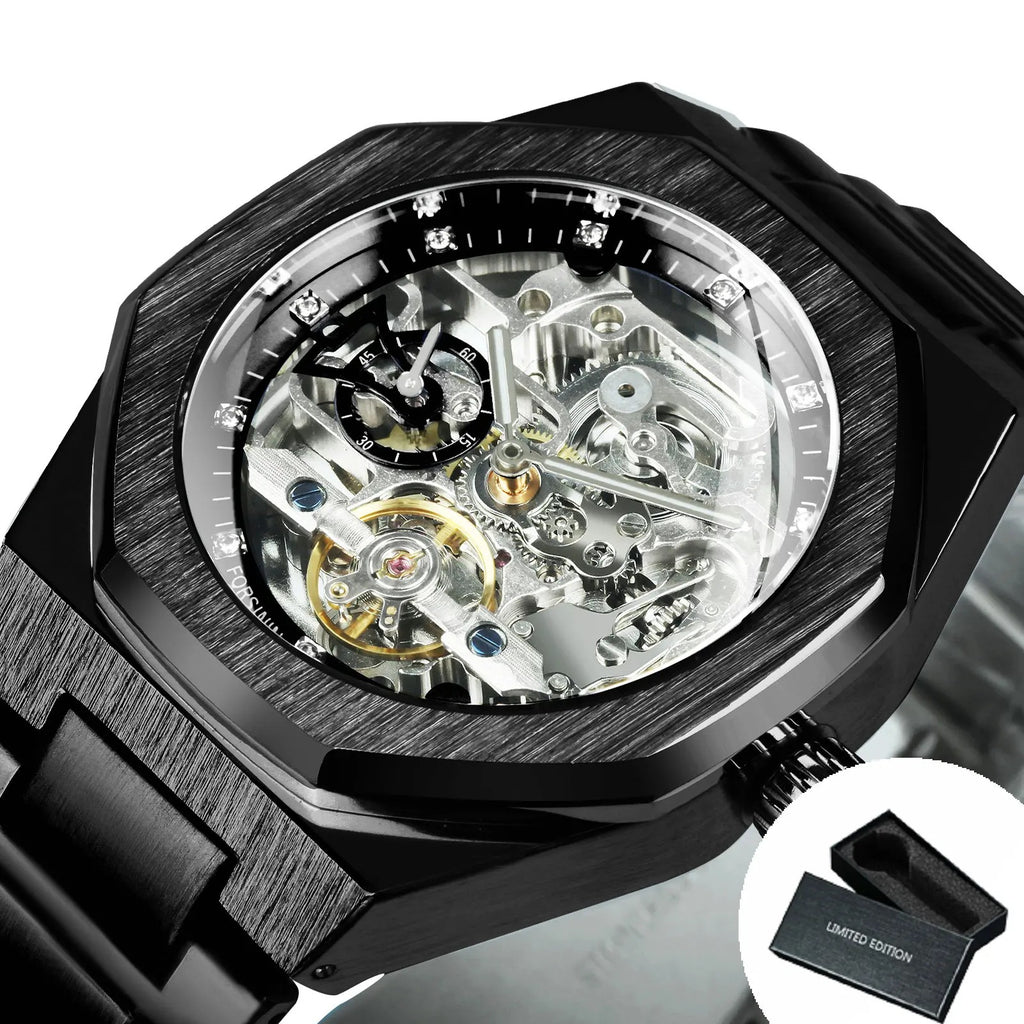 Forsining Silver Automatic Watch Men 3D Diamond Dial Irregular Tourbillon Skeleton Mechanical Wristwatches Luminous Hands Clock - Revelloventures