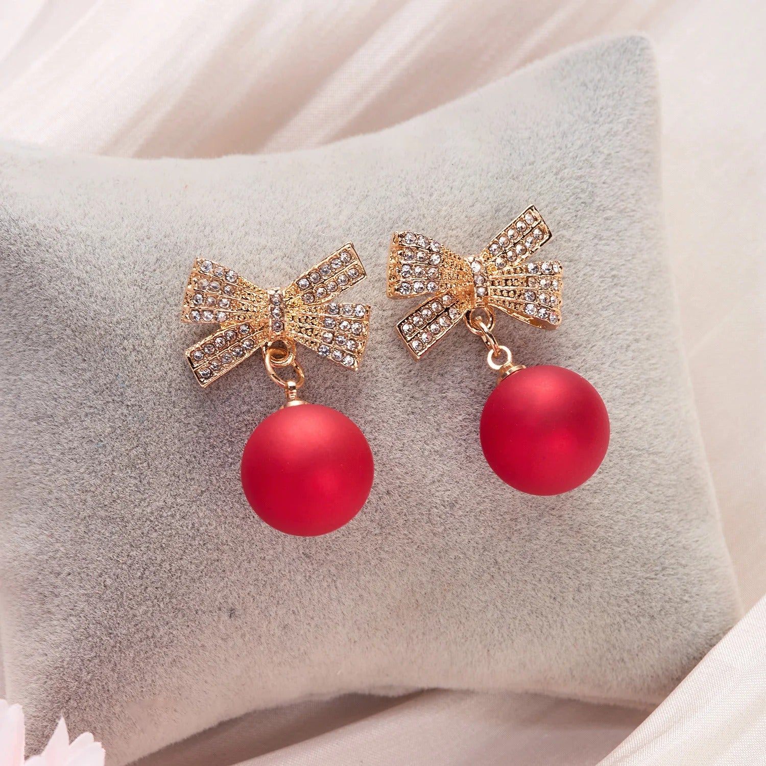 Petite Cherry Delicate Stud Earrings For Women Lovely Cute Zircon Rhinestone Bow Bowknot Earring
