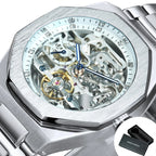 Forsining Silver Automatic Watch Men 3D Diamond Dial Irregular Tourbillon Skeleton Mechanical Wristwatches Luminous Hands Clock - Revelloventures
