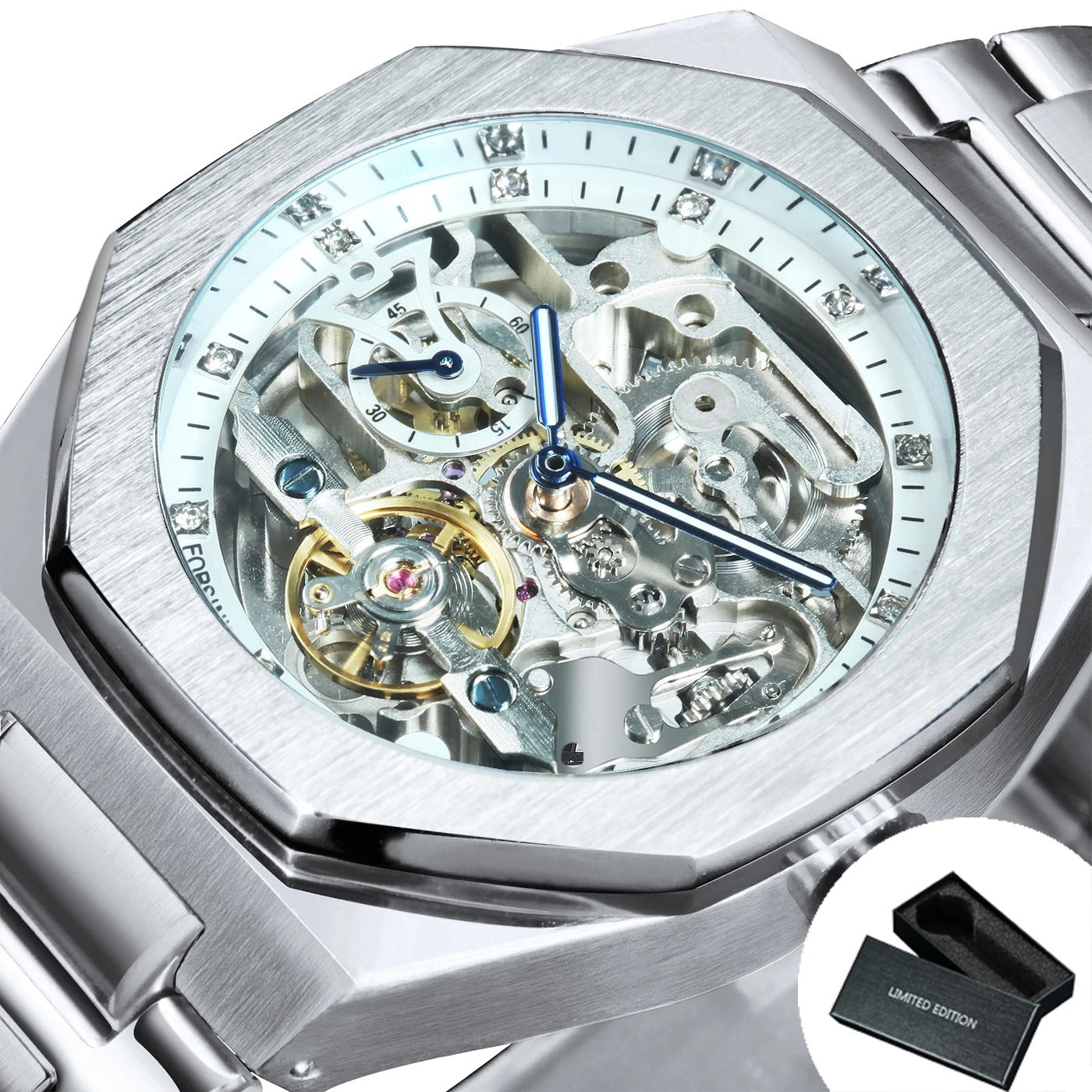 Forsining Silver Automatic Watch Men 3D Diamond Dial Irregular Tourbillon Skeleton Mechanical Wristwatches Luminous Hands Clock - Revelloventures