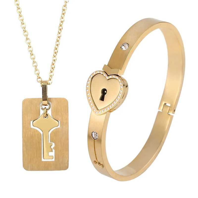Heart Bracelet Choker Set Jewelry Stainless Steel Key Pendant Necklace Women Men Lover Couples - Revelloventures