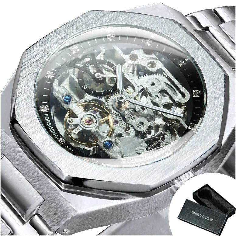Forsining Silver Automatic Watch Men 3D Diamond Dial Irregular Tourbillon Skeleton Mechanical Wristwatches Luminous Hands Clock - Revelloventures