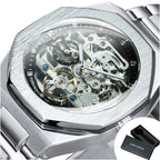 Forsining Silver Automatic Watch Men 3D Diamond Dial Irregular Tourbillon Skeleton Mechanical Wristwatches Luminous Hands Clock - Revelloventures