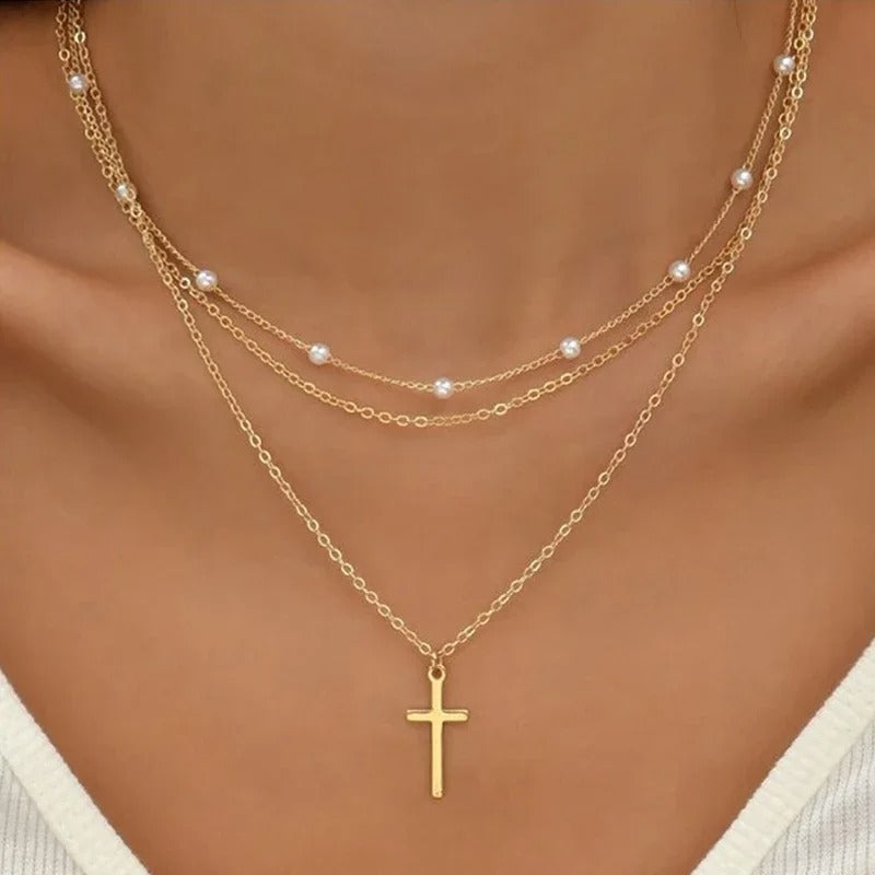 LATS Multilayer Pearl Cross Love Heart Pendant Necklaces for Women - Revelloventures