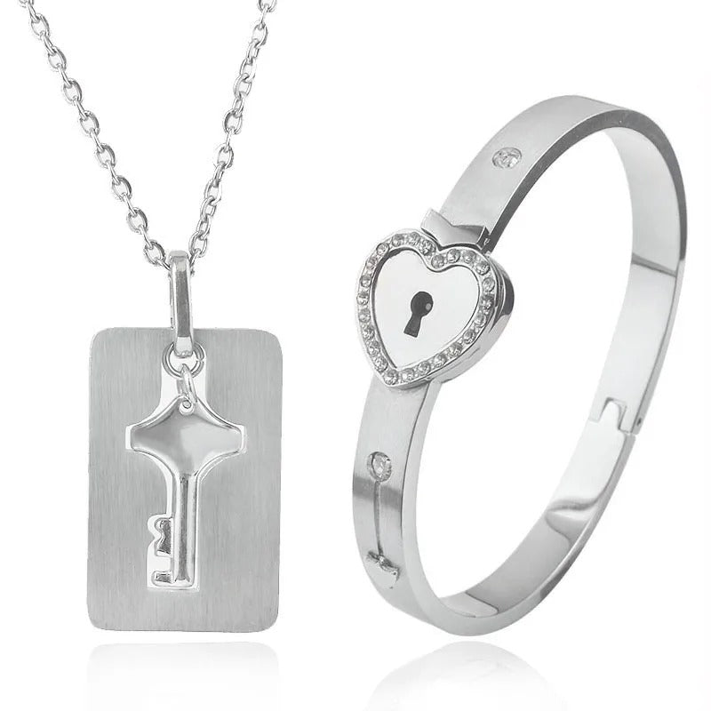 Heart Bracelet Choker Set Jewelry Stainless Steel Key Pendant Necklace Women Men Lover Couples - Revelloventures