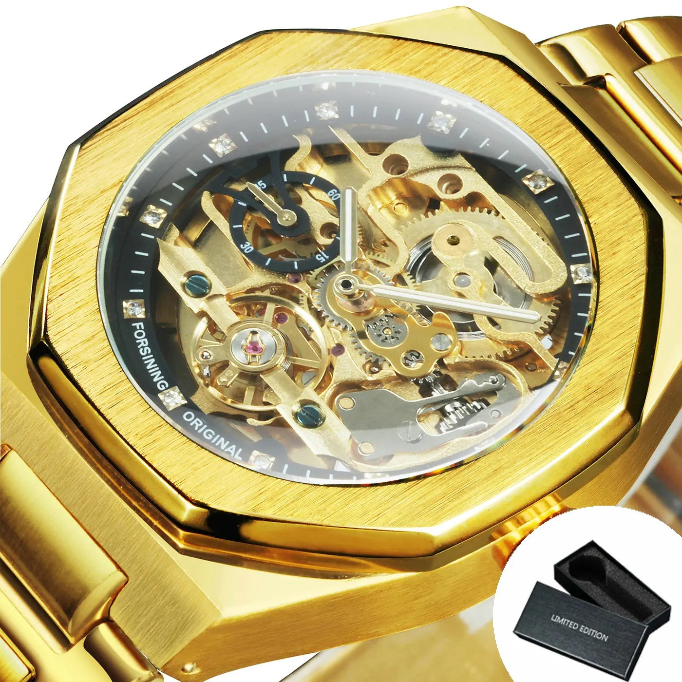 Forsining Silver Automatic Watch Men 3D Diamond Dial Irregular Tourbillon Skeleton Mechanical Wristwatches Luminous Hands Clock - Revelloventures