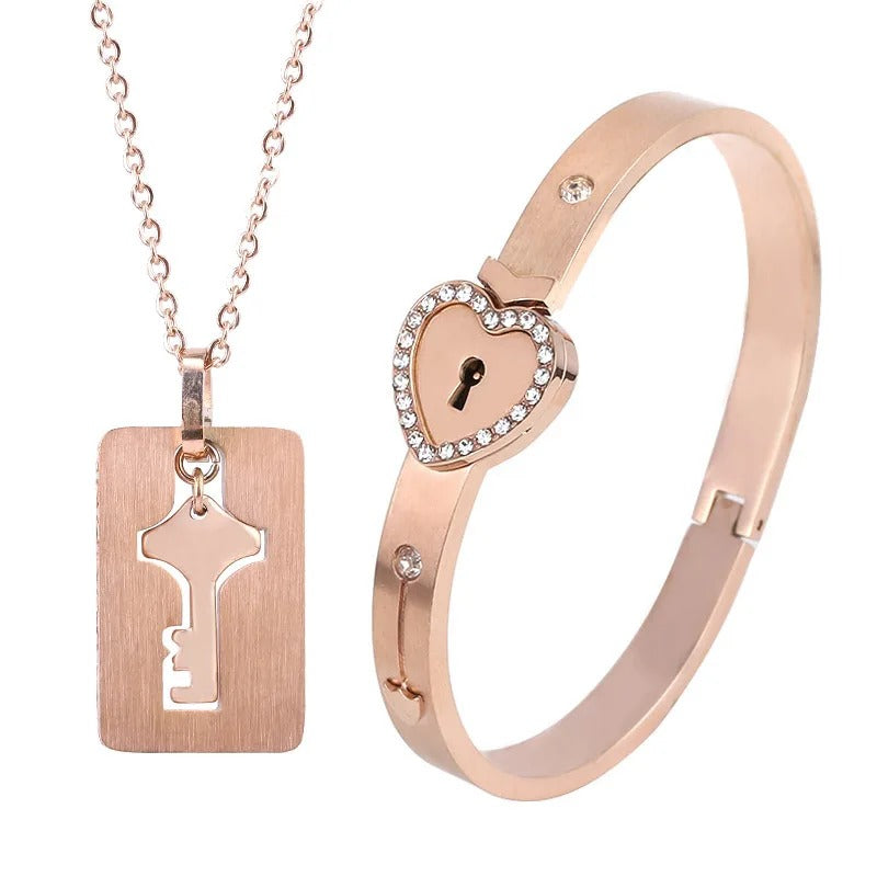 Heart Bracelet Choker Set Jewelry Stainless Steel Key Pendant Necklace Women Men Lover Couples - Revelloventures