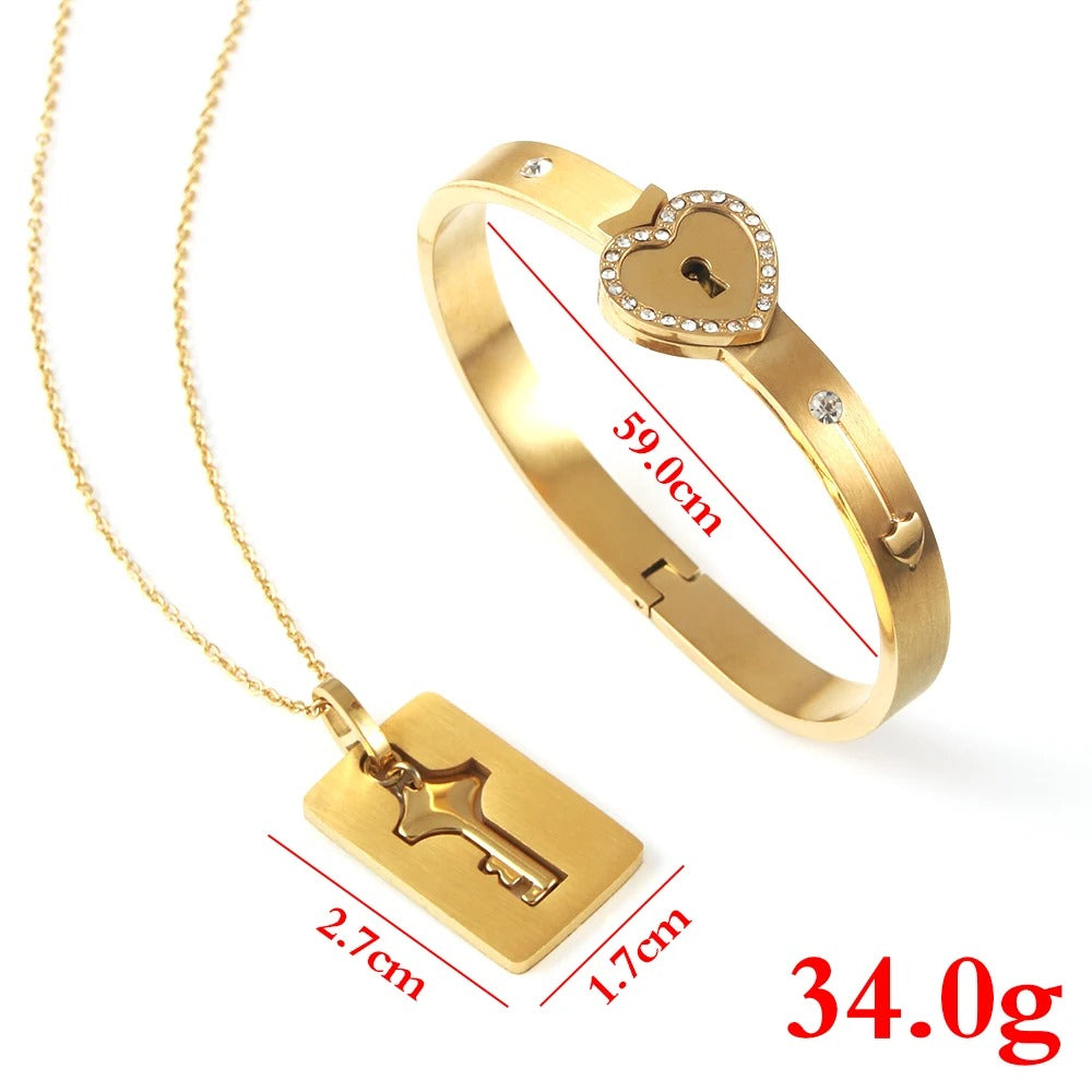 Heart Bracelet Choker Set Jewelry Stainless Steel Key Pendant Necklace Women Men Lover Couples - Revelloventures