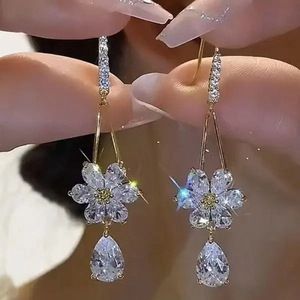 Luxury Crystal Long Flower Drop  Earrings For Women