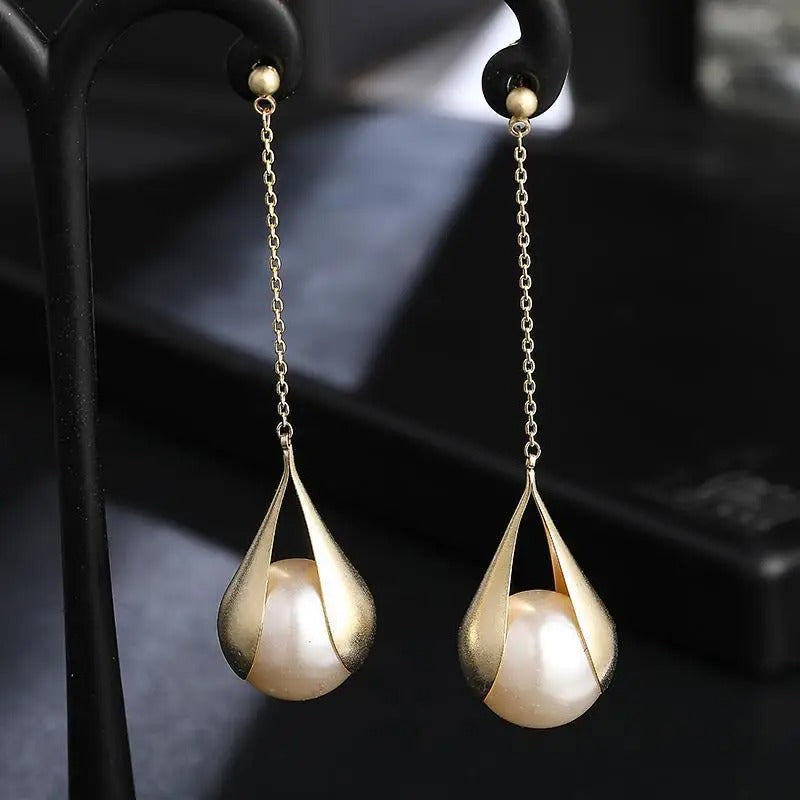Long Dangle Imitation Pearl Drop Earrings