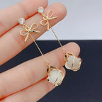 Golden Metal Rhinestones Bow Frame Dangle Opal Earrings for Women