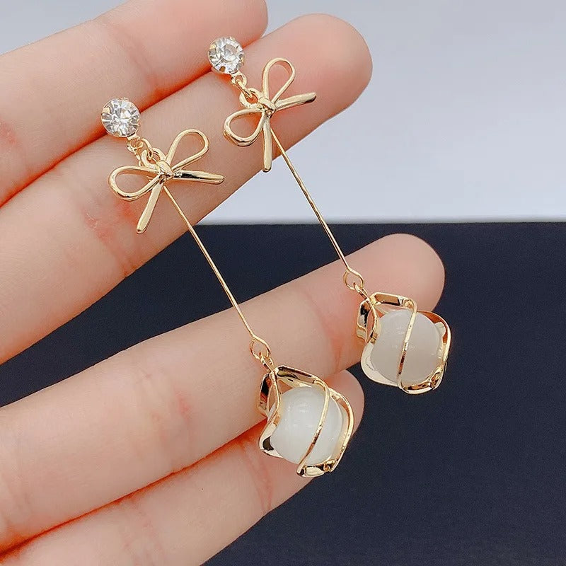 Golden Metal Rhinestones Bow Frame Dangle Opal Earrings for Women