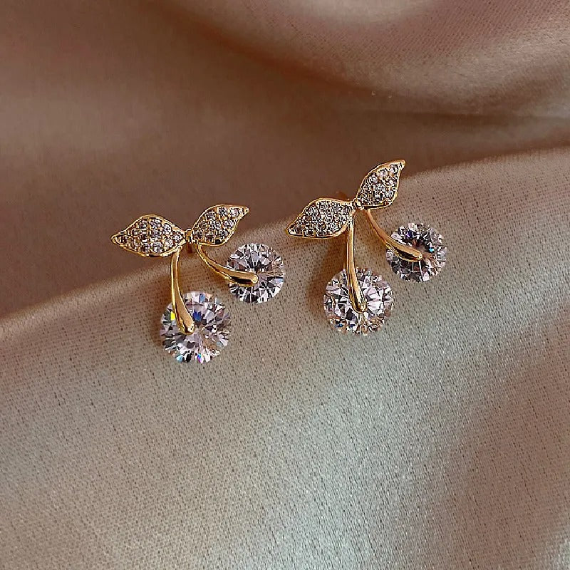 Petite Cherry Delicate Stud Earrings For Women Lovely Cute Zircon Rhinestone Bow Bowknot Earring