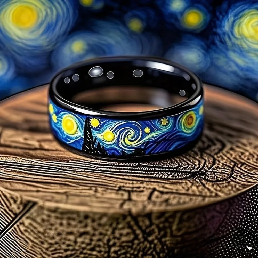 Starry Night Pattern Black Ring