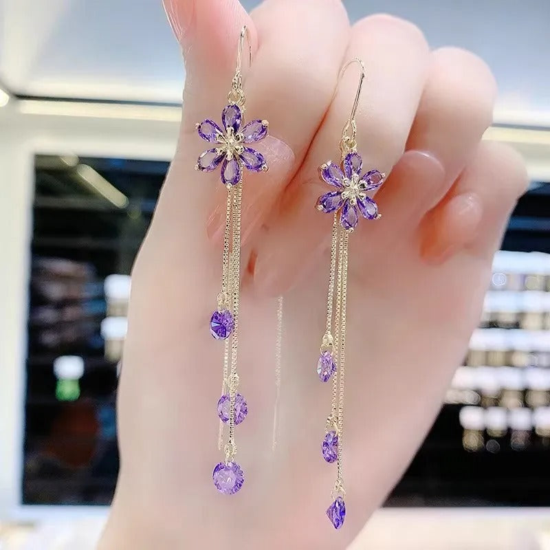 Luxury Crystal Long Flower Drop  Earrings For Women
