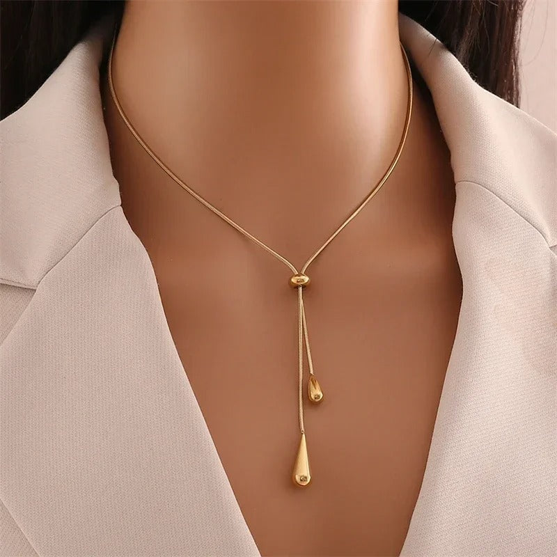 Stainless Steel New Fashion Jewelry Sets Pulling Adjustment Droplet Shape Charm Chain Choker Necklaces Earrings for Women - Revelloventures