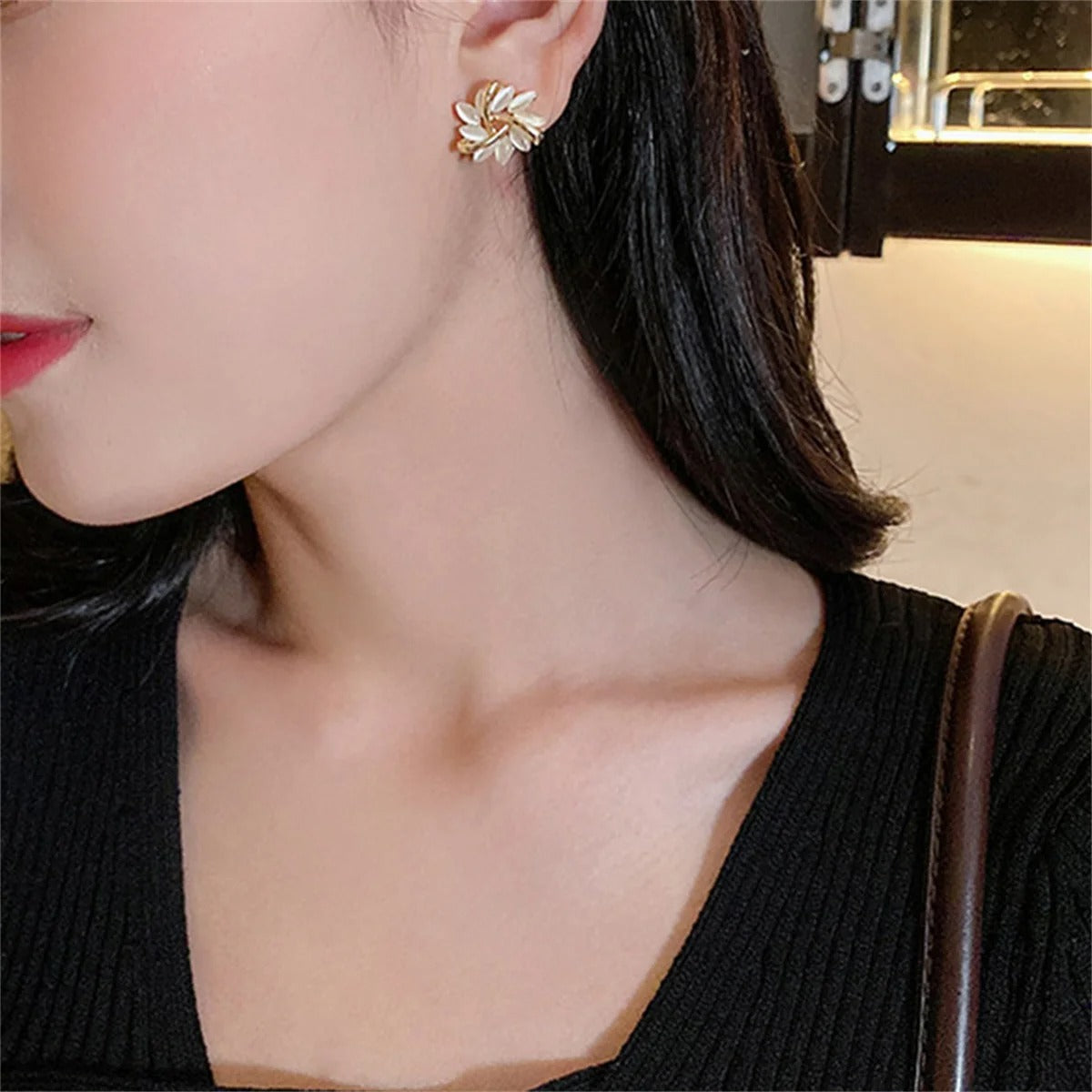 Exquisite Opal Flower Stud Pearl Floral Leaves Earrings