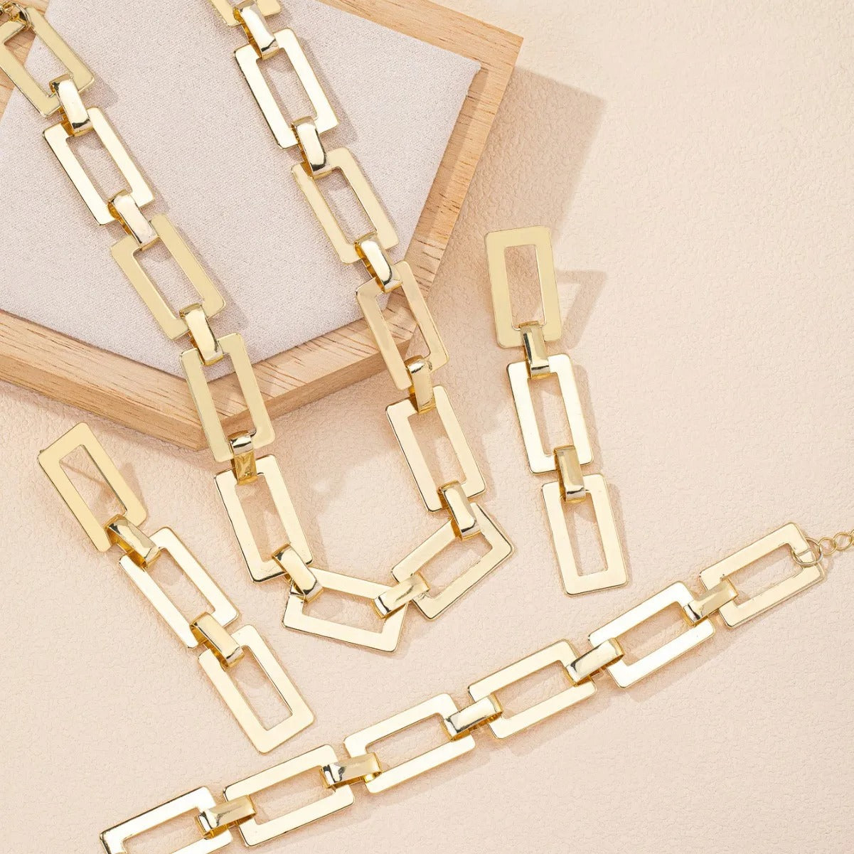 4PCS Stainless Steel Fashion Gold Color Geometric Chain Necklace Bracelets For Women - Revelloventures