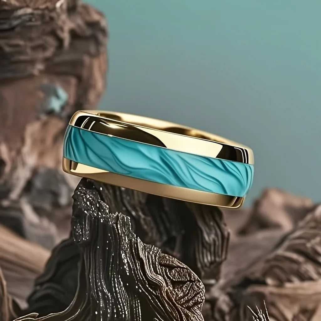 Unique Turquoise Stone Inlay Gold Color Steel Ring