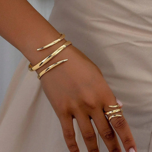 2 Pcs Set Exaggeration Personality Gold Color Spiral Multilayer Bracelet Ring for Women - Revelloventures