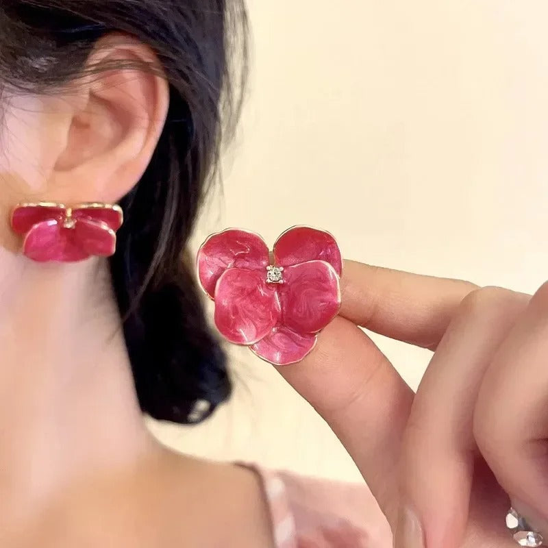 Red Blue Enamel Flower Stud Earrings for Women - Revelloventures
