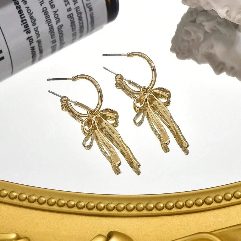 Retro Soft Bowknot Earrings Versatile Gold Tassel Stud Earring