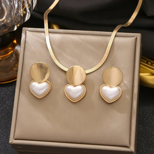 2pcs Set Minimalist Creative Gold Color Circular Heart-shaped Pendant Snake Bone Chain Necklace Earrings - Revelloventures