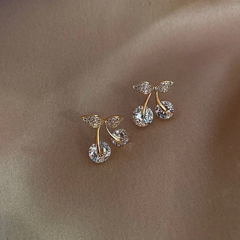 Petite Cherry Delicate Stud Earrings For Women Lovely Cute Zircon Rhinestone Bow Bowknot Earring
