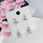 Golden Metal Rhinestones Bow Frame Dangle Opal Earrings for Women