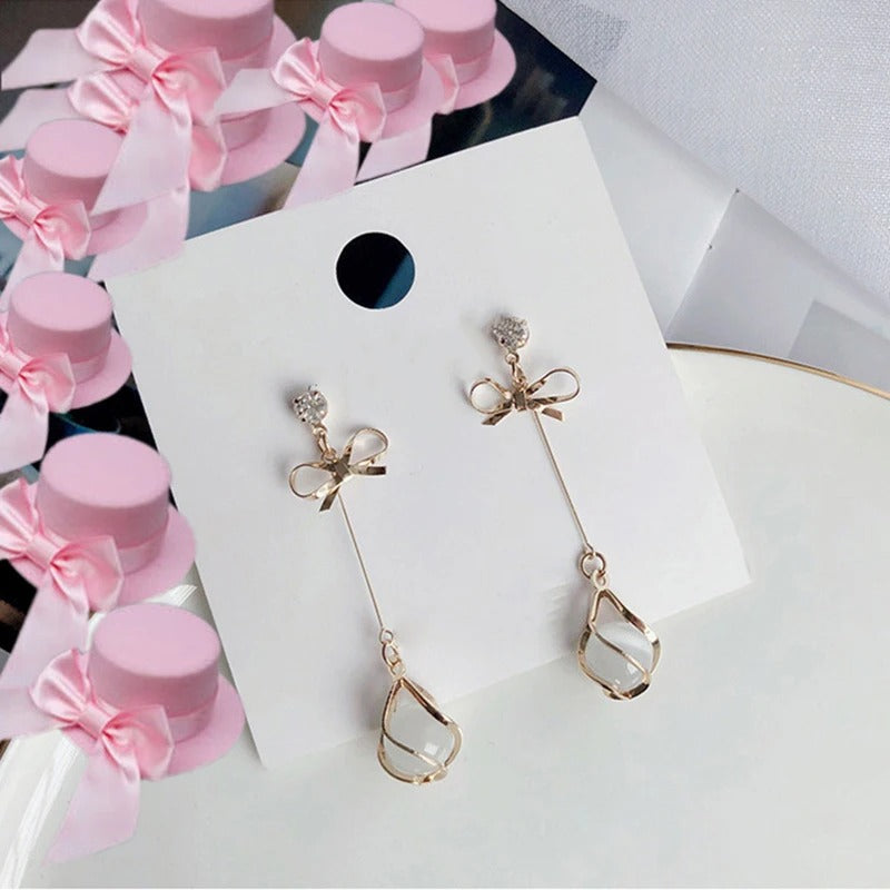 Golden Metal Rhinestones Bow Frame Dangle Opal Earrings for Women