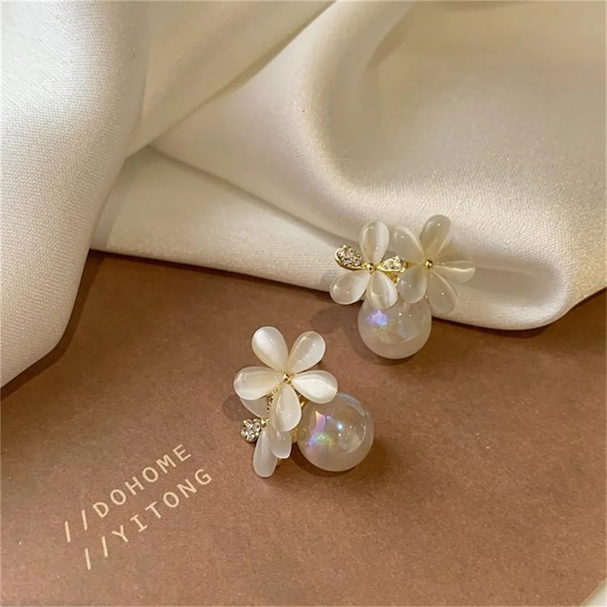 Exquisite Opal Flower Stud Pearl Floral Leaves Earrings