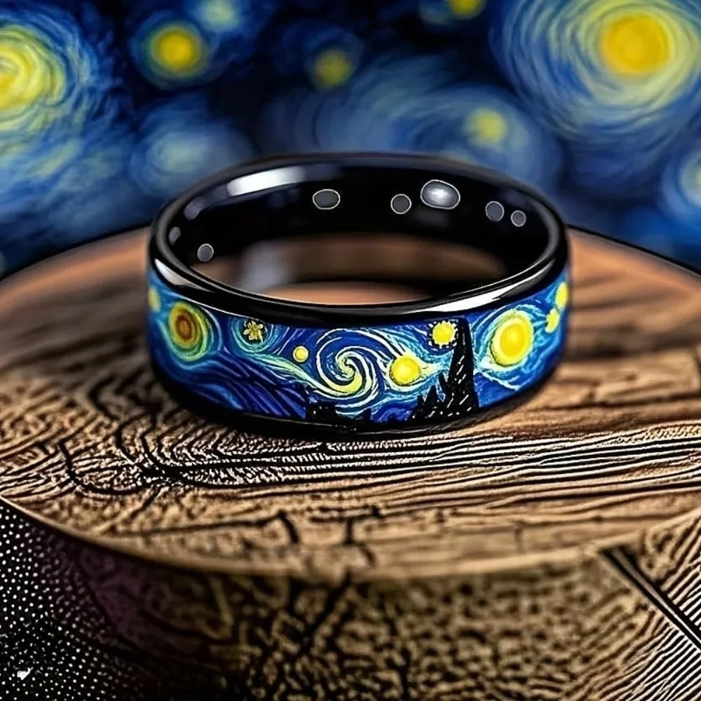Starry Night Pattern Black Ring