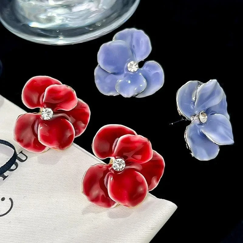 Red Blue Enamel Flower Stud Earrings for Women - Revelloventures