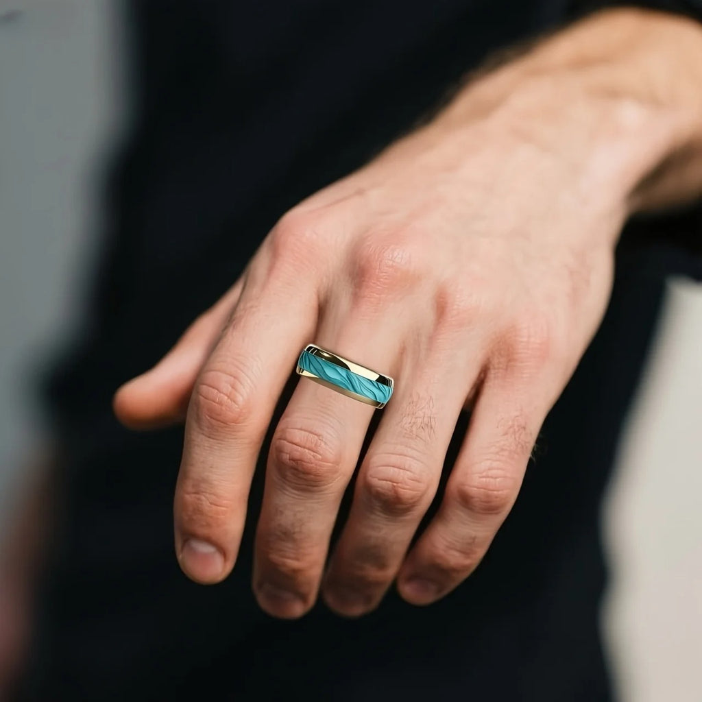 Unique Turquoise Stone Inlay Gold Color Steel Ring
