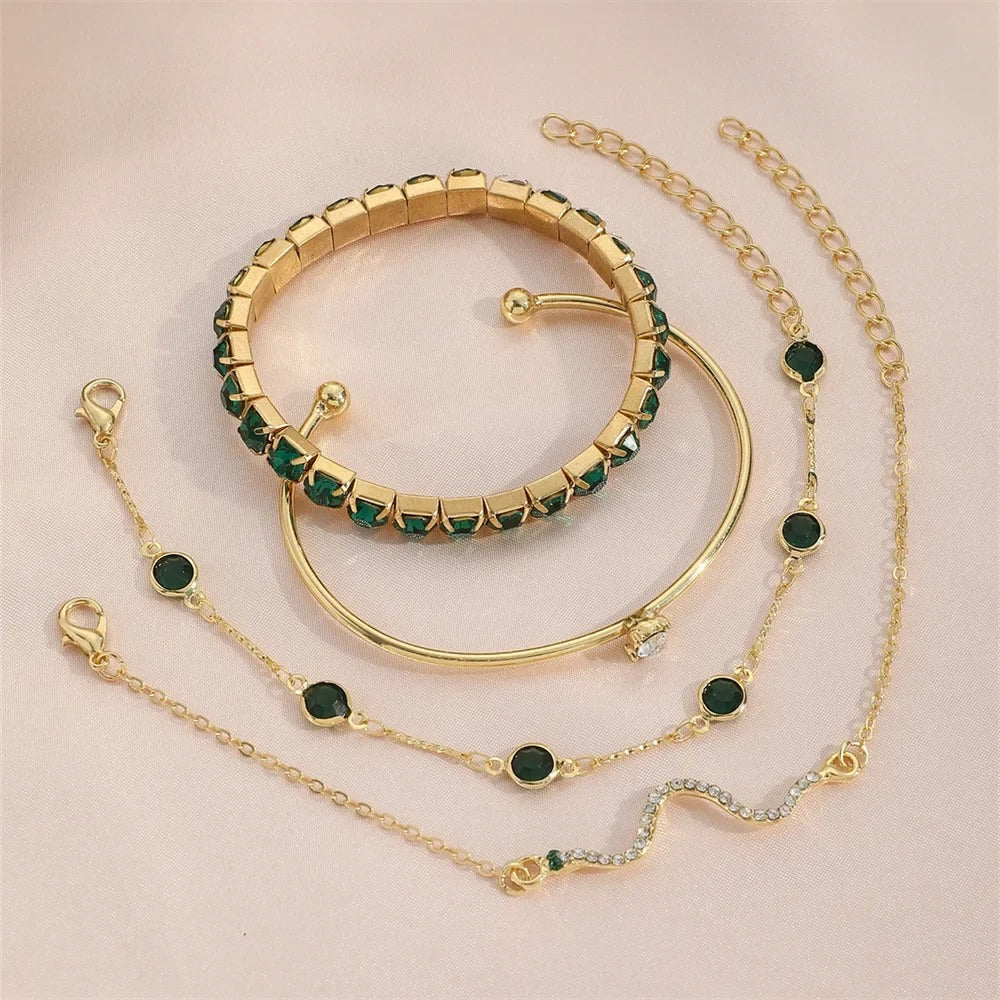 4Pcs/Set Fashion Snake Green Gemstone Bangle Rhinestone Full Metal Bracelet For Women - Revelloventures