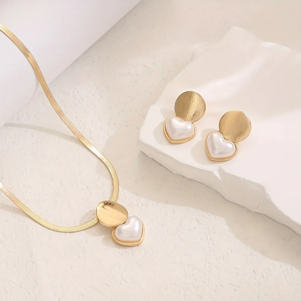 2pcs Set Minimalist Creative Gold Color Circular Heart-shaped Pendant Snake Bone Chain Necklace Earrings - Revelloventures