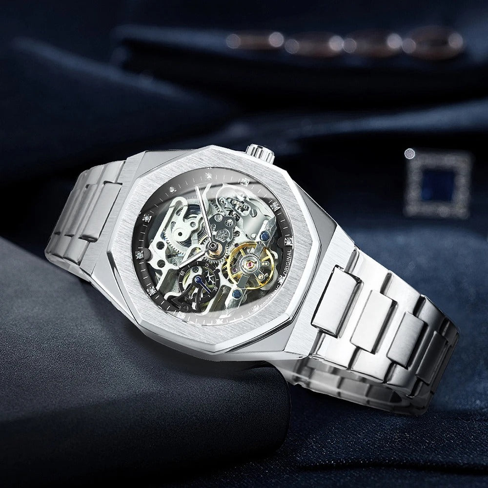 Forsining Silver Automatic Watch Men 3D Diamond Dial Irregular Tourbillon Skeleton Mechanical Wristwatches Luminous Hands Clock - Revelloventures