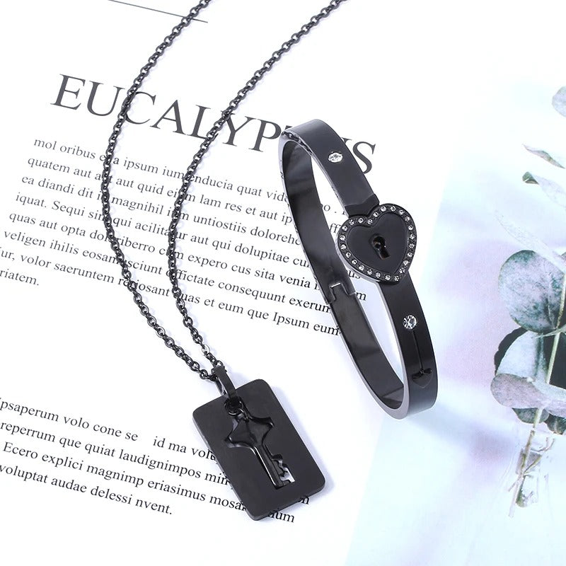 Heart Bracelet Choker Set Jewelry Stainless Steel Key Pendant Necklace Women Men Lover Couples - Revelloventures