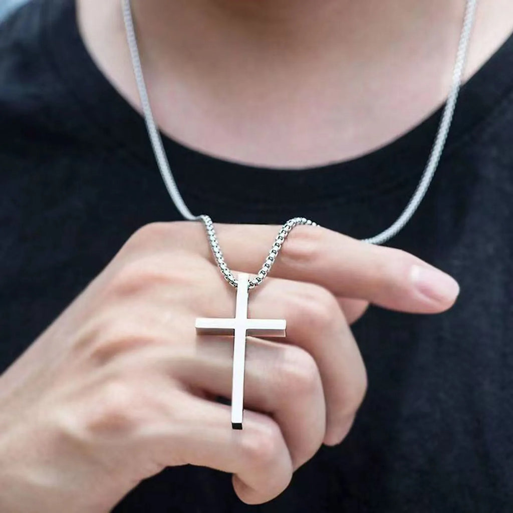 Stainless Steel Cross Necklace, Silver Color Plain Cross Pendant Collar