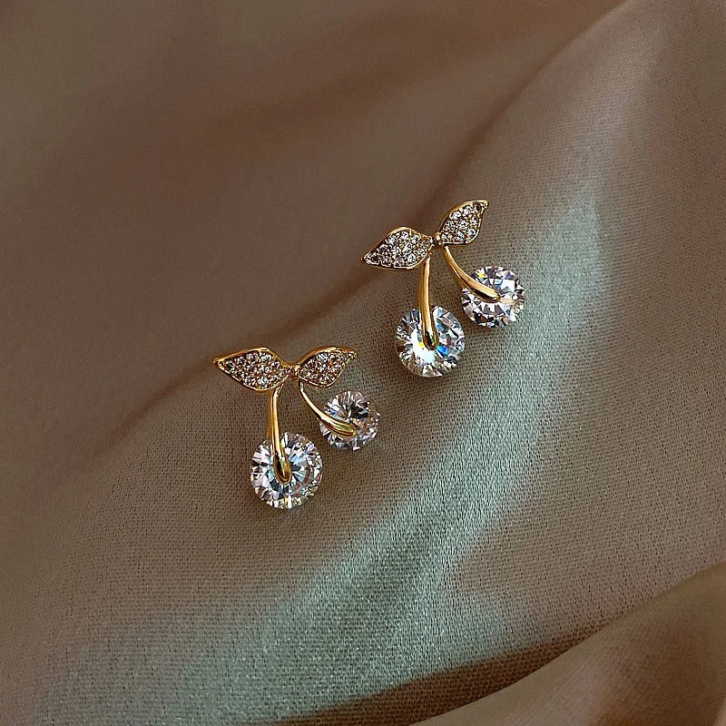 Petite Cherry Delicate Stud Earrings For Women Lovely Cute Zircon Rhinestone Bow Bowknot Earring