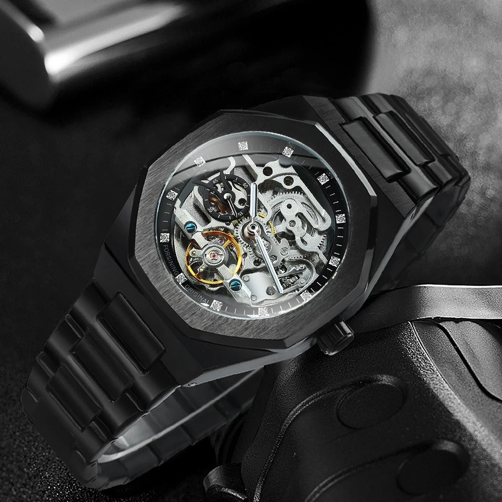 Forsining Silver Automatic Watch Men 3D Diamond Dial Irregular Tourbillon Skeleton Mechanical Wristwatches Luminous Hands Clock - Revelloventures