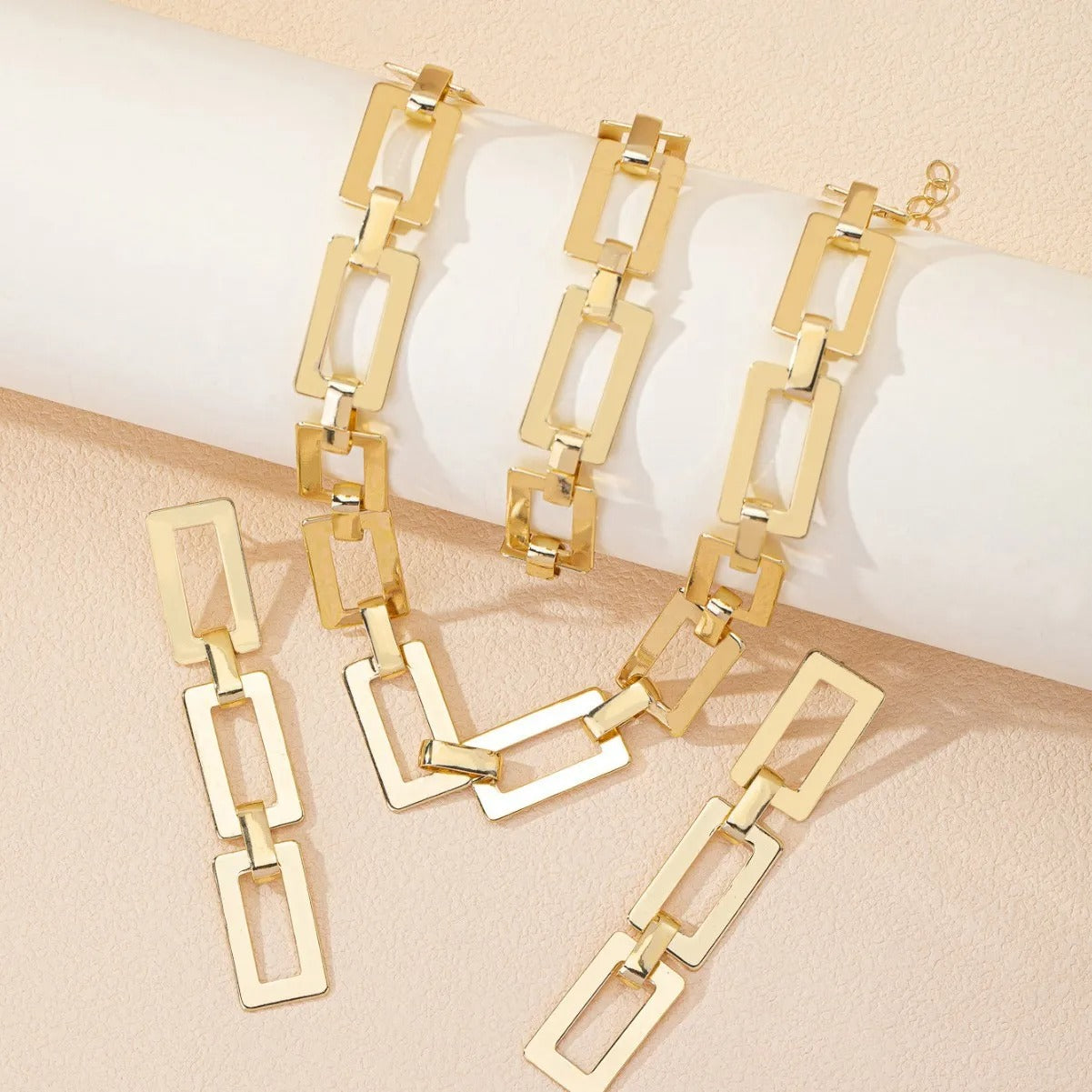 4PCS Stainless Steel Fashion Gold Color Geometric Chain Necklace Bracelets For Women - Revelloventures