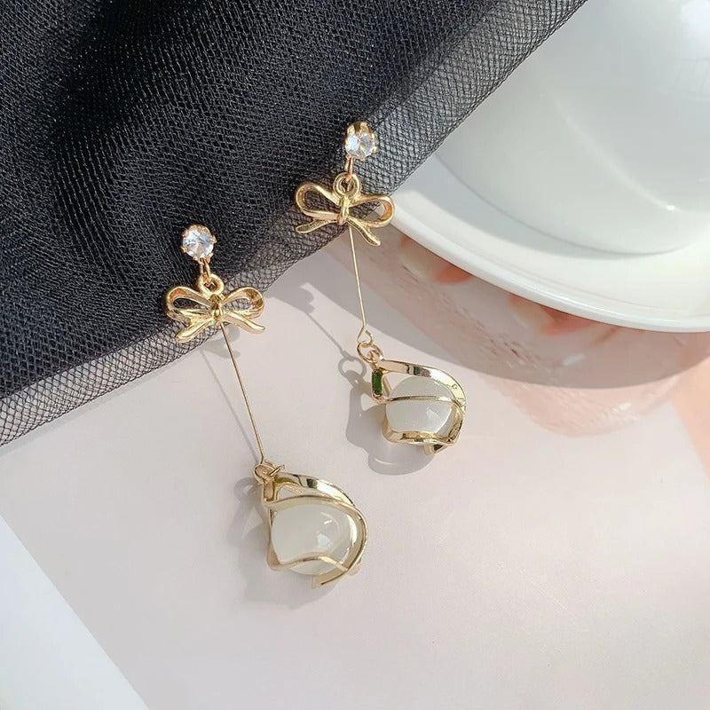 Golden Metal Rhinestones Bow Frame Dangle Opal Earrings for Women