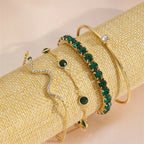 4Pcs/Set Fashion Snake Green Gemstone Bangle Rhinestone Full Metal Bracelet For Women - Revelloventures
