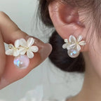 Exquisite Opal Flower Stud Pearl Floral Leaves Earrings