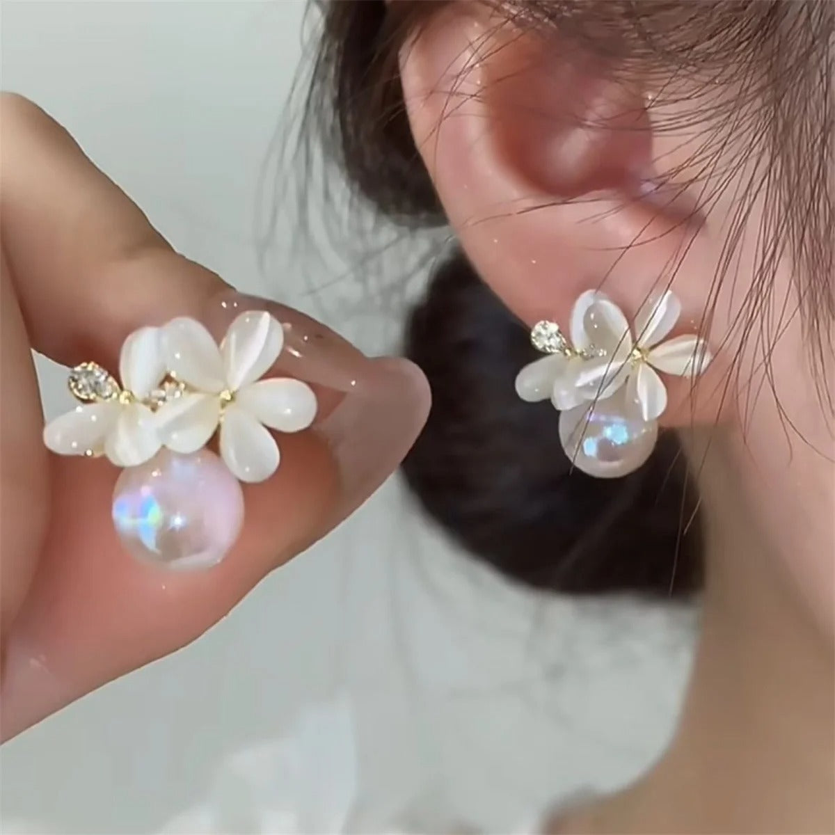 Exquisite Opal Flower Stud Pearl Floral Leaves Earrings