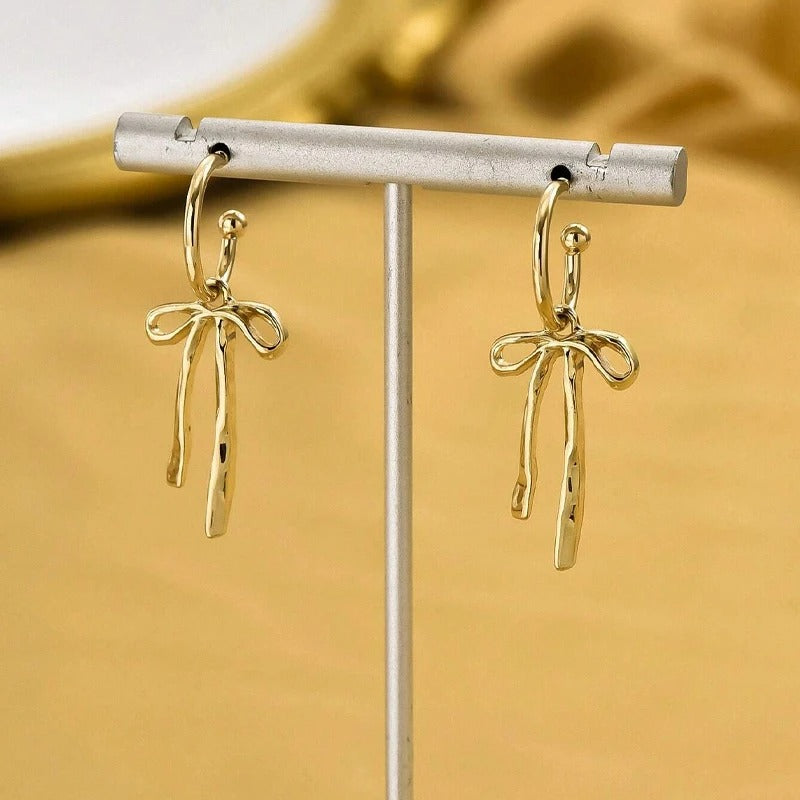 Retro Soft Bowknot Earrings Versatile Gold Tassel Stud Earring